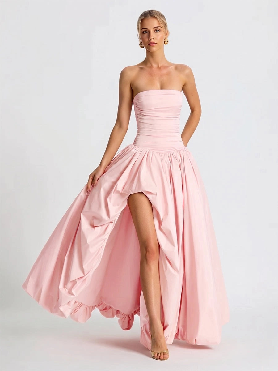 Chic Taffeta Ball-Gown Straight-Neck Strapless Lace-Up-Back High-Low Ruffle Floor-Length Prom Dress