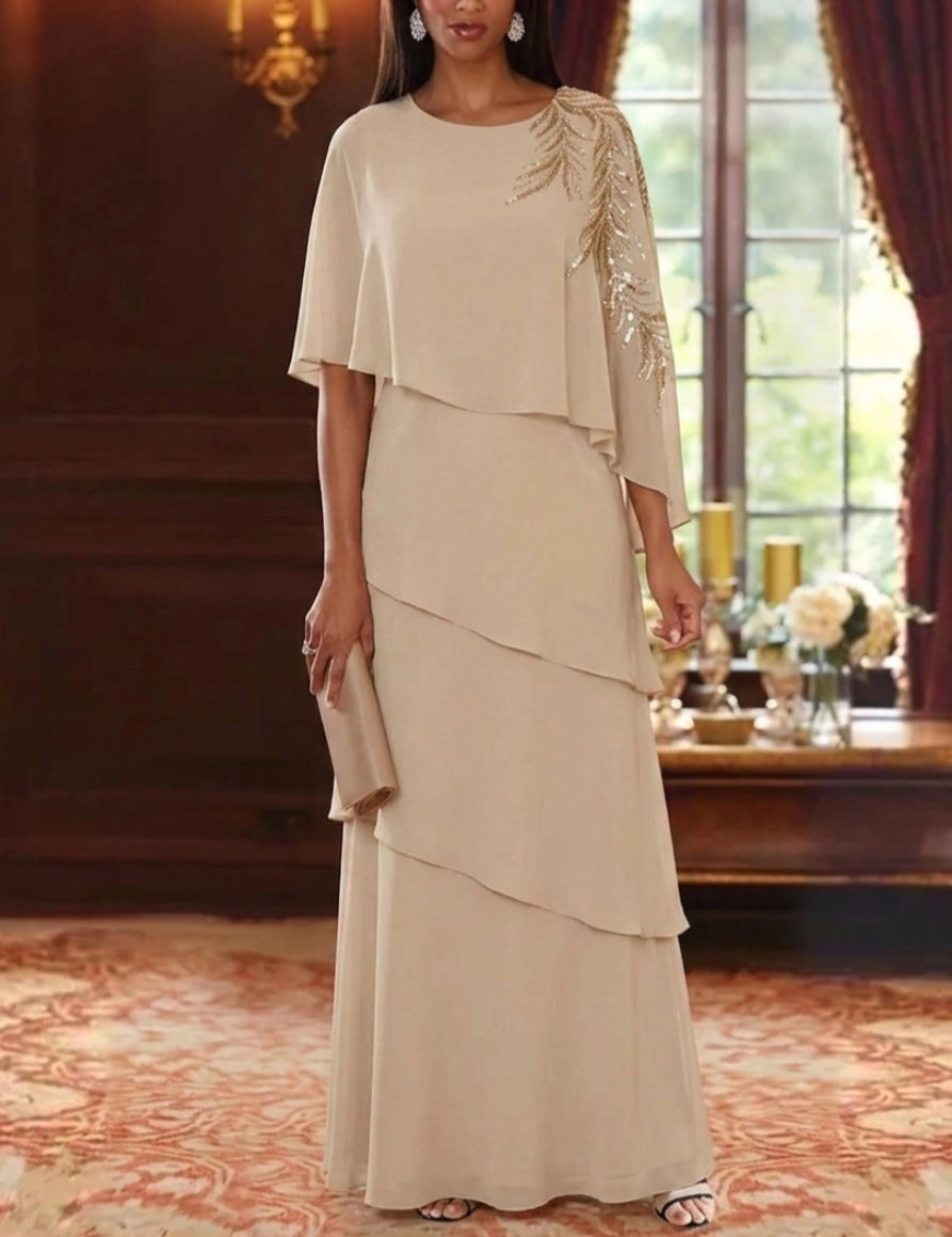 Elegant A-Line Jewel Neck Cape Sleeve Zipper Back Tiered Floor Length Mother of the Bride Dress