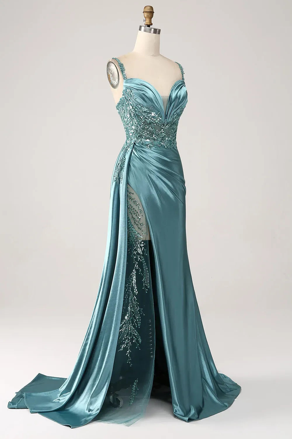 Glamorous Mermaid Sweetheart Beaded Strap Straight Back Train Champagne Prom Dress