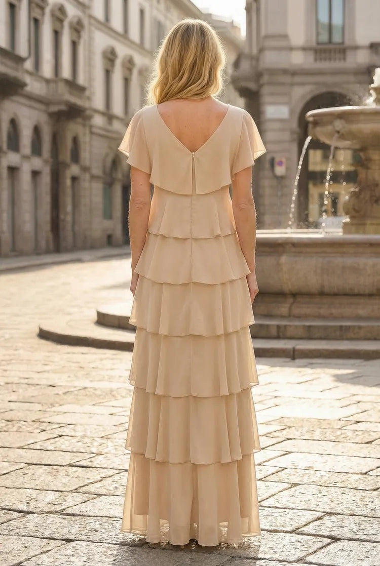 Elegant A-Line V-Neck Flutter-Sleeve Chiffon Floor-Length Mother of the Bride Dress