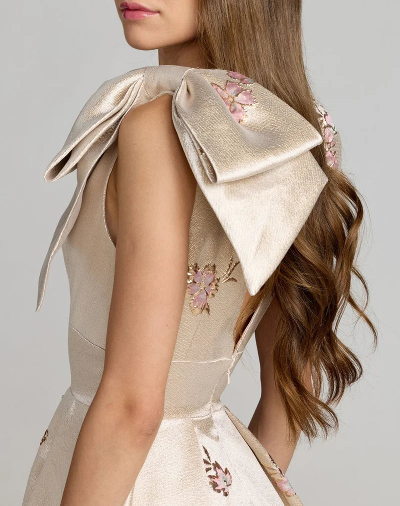 Elegant A-Line V-Neck Bow-Shoulder V-Back Floral Floor-Length Prom Dress