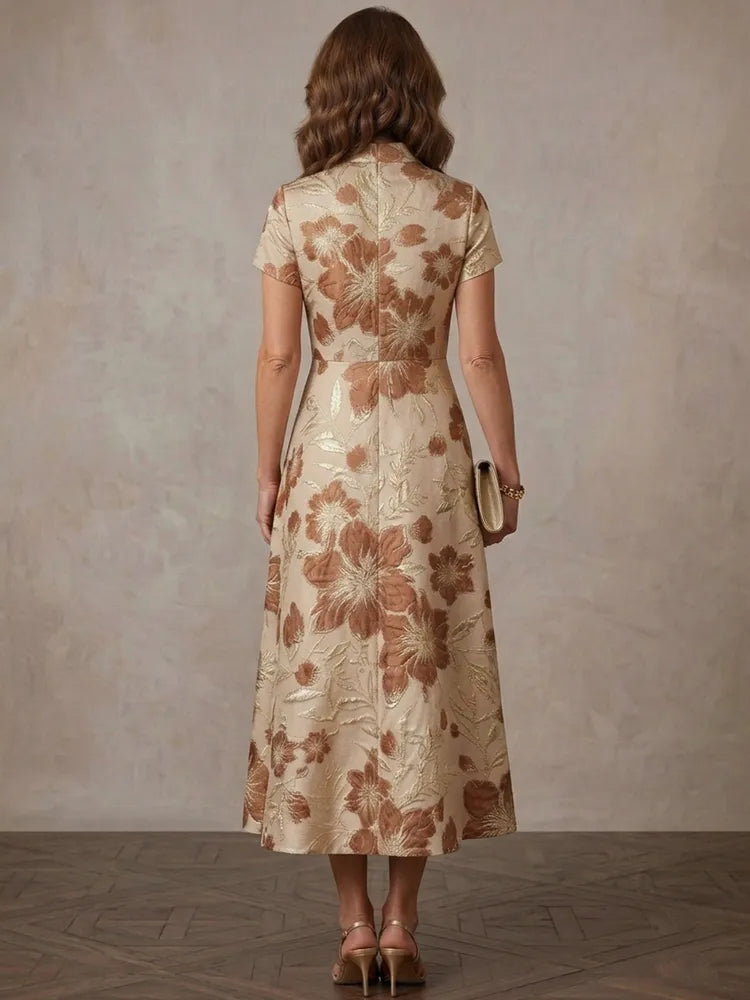 Elegant A-Line Mandarin-Neck Short-Sleeve Jacquard Mother of the Bride Dress