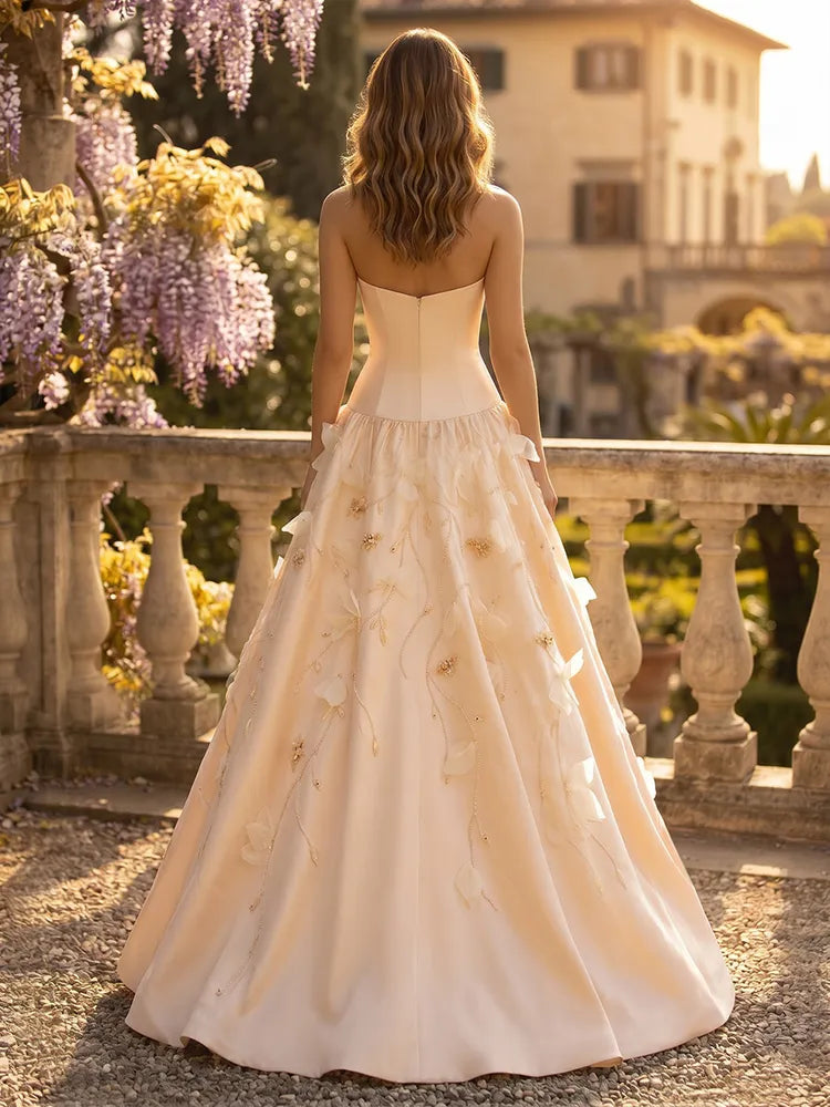 Elegant Floral A-Line Strapless Sleeveless Satin Floor-Length Prom Dress