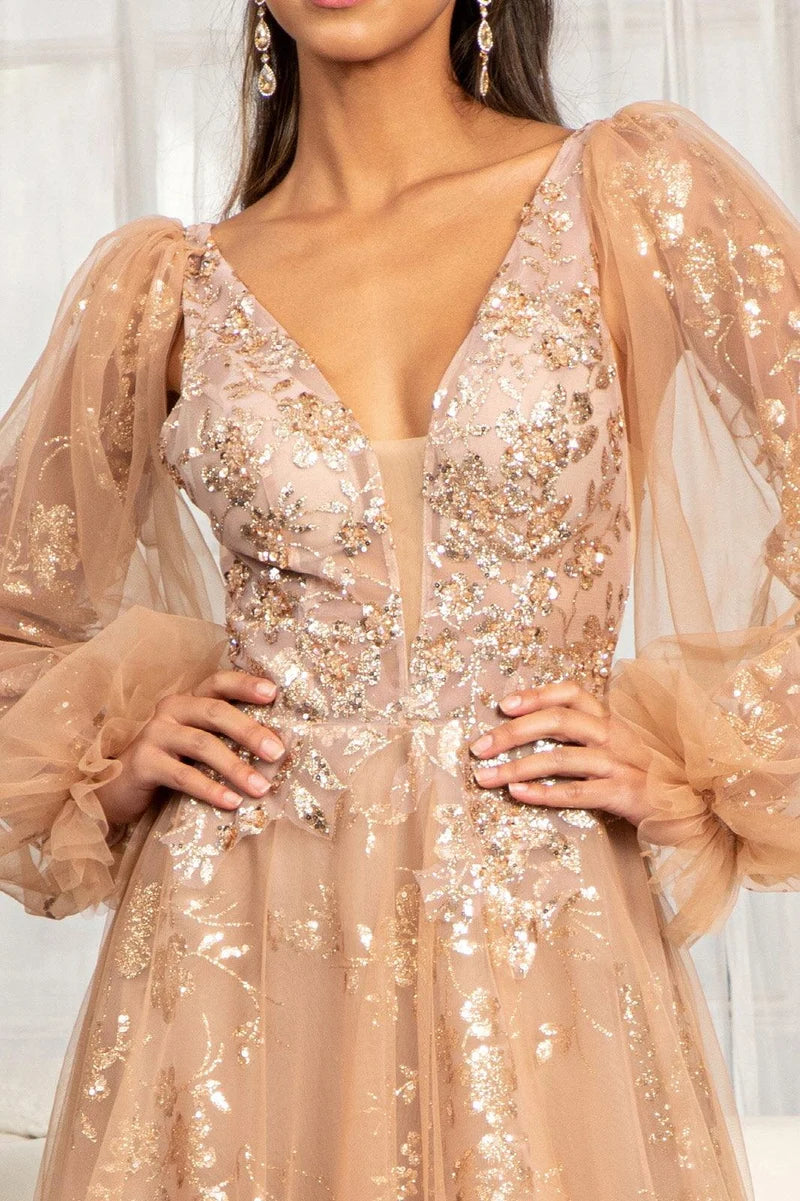 Elegant Glitter A-Line V-Neck Long-Sleeve V-Back Floor-Length Evening Dress