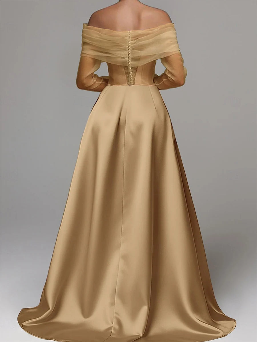 Elegant Sheath Off Shoulder Long Sleeve Satin Midi Evening Dress