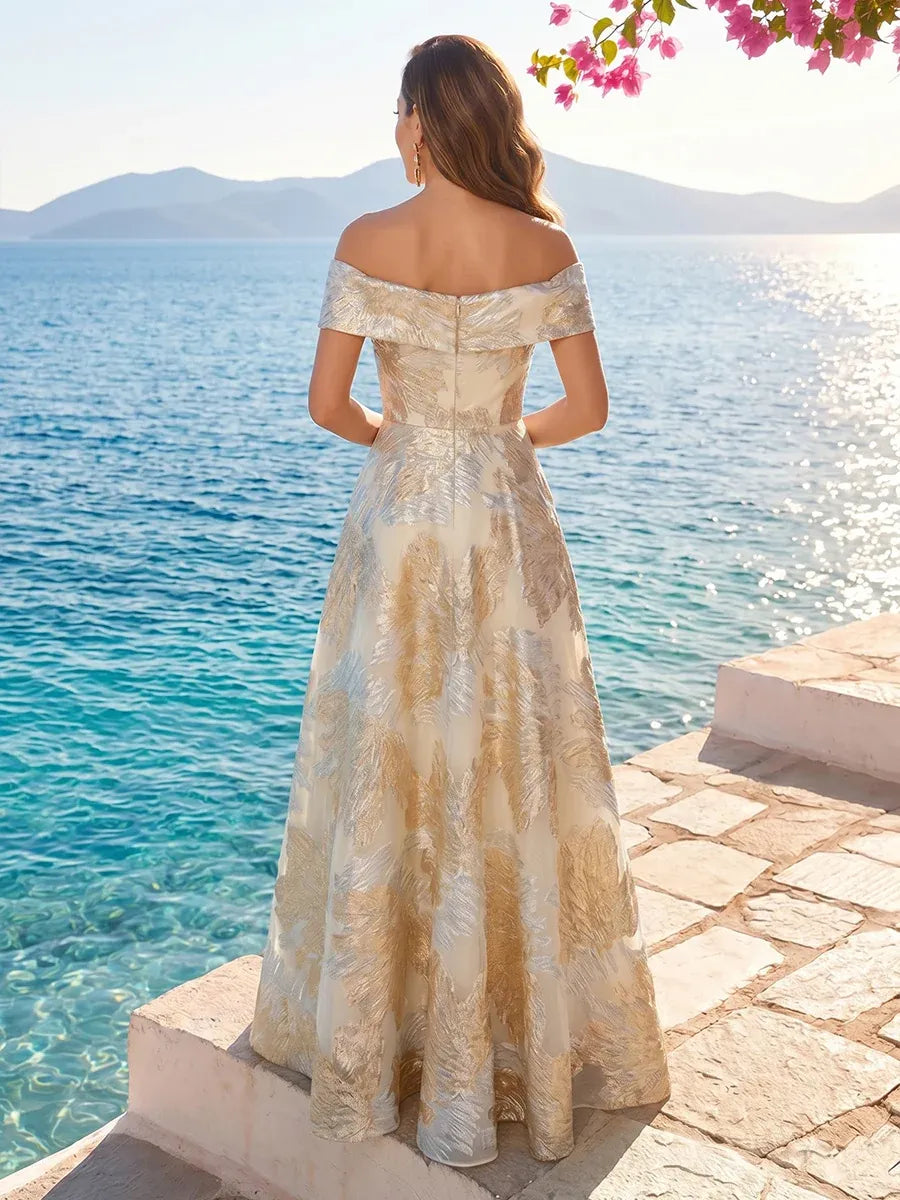 Elegant A-Line Off Shoulder Draped Zipper Back Floor Length Mother Dress