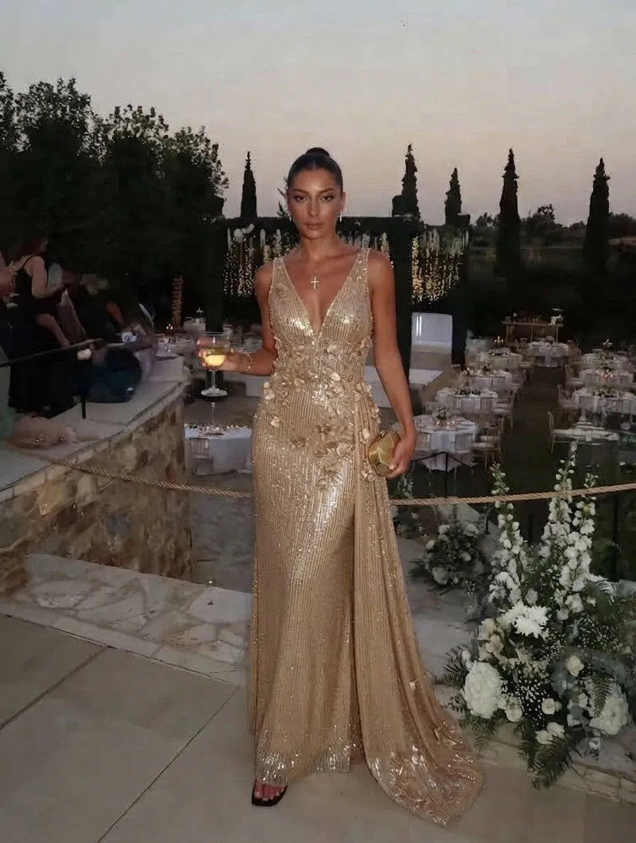 Glamorous Sheath Plunging V Neck Sleeveless Sequin Floor Length Evening Dress