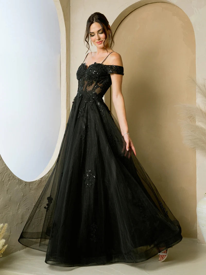 Romantic A-Line Sweetheart Off-Shoulder Lace-Up Tulle Floor-Length Prom Dress