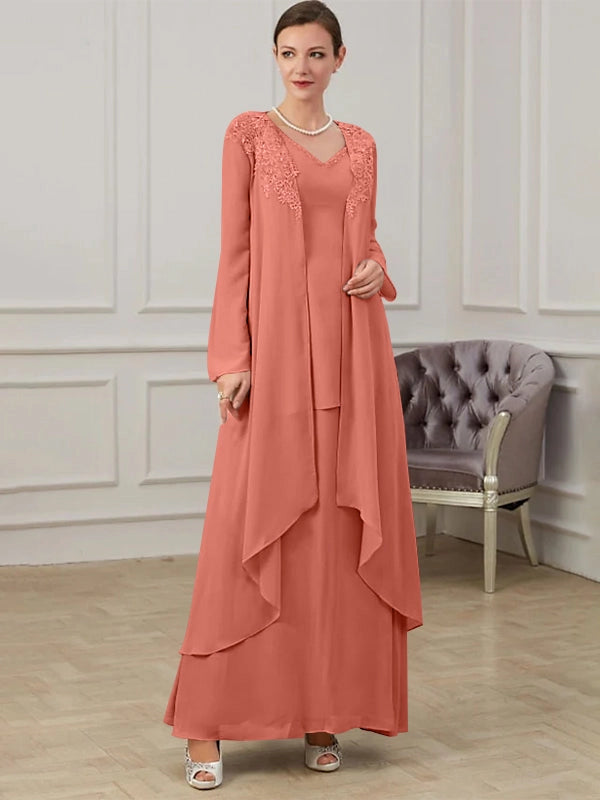 Elegant A-Line V-Neck Long Sleeve Closed Back Layered Floor Length Mother of the Bride Dress