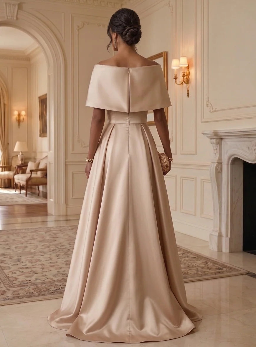Elegant A Line Off Shoulder Short Sleeve Satin Evening Dress
