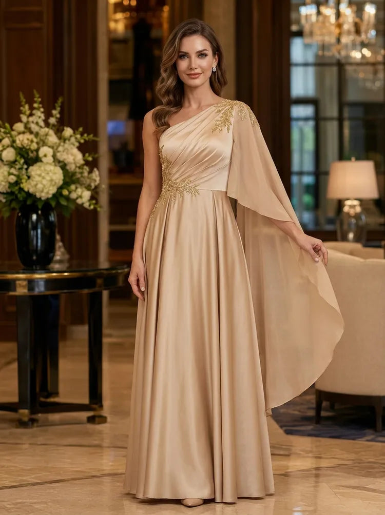 Elegant A-Line One-Shoulder Cape-Sleeve Satin Floor-Length Mother of the Bride Dress