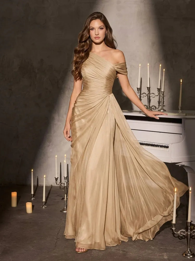 Elegant Sheath One-Shoulder Short Sleeve Chiffon Floor-Length Evening Dress