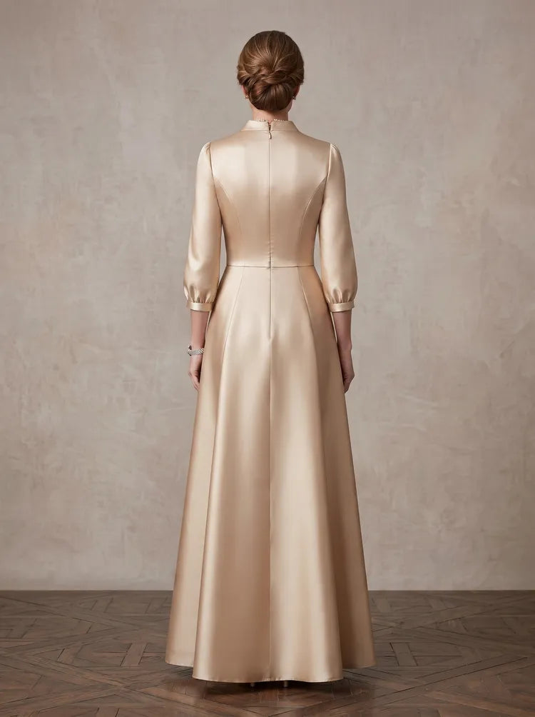 Elegant A-Line V-Neck Three-Quarter-Sleeve Satin Floor-Length Mother of the Bride Dress