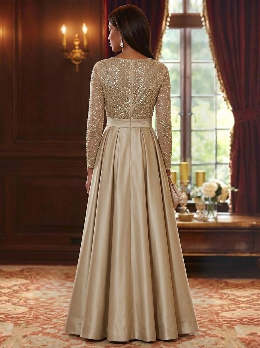 Glamorous A-Line V-Neck Long Sleeve Zipper Back Sequin Floor Length Mother of the Bride Dress