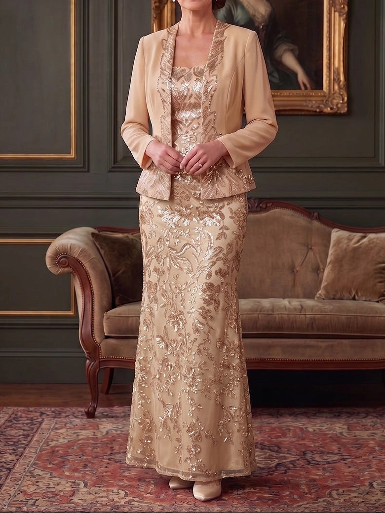 Elegant Column Square Neck Long Sleeve Closed Back Straight Hem Floor Length Mother of the Bride Dress