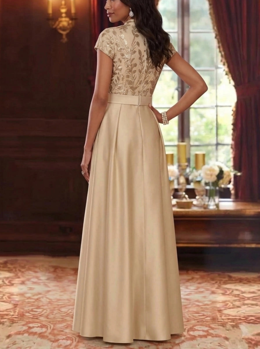 Elegant A-Line V-Neck Cap Sleeve Covered Back Flowing Hem Floor Length Mother of the Bride Dress
