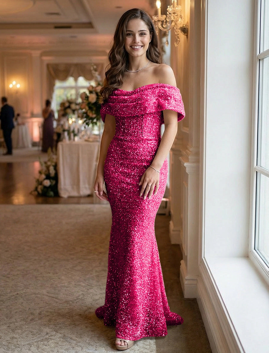 Glamorous Mermaid Off-Shoulder Short-Sleeve Zipper-Back Floor-Length Evening Dress