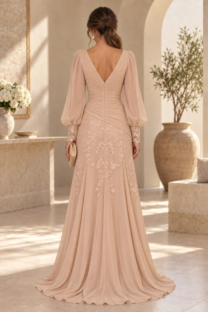 Elegant Mermaid V-Neck Long Sleeve Chiffon Mother of the Bride Dress