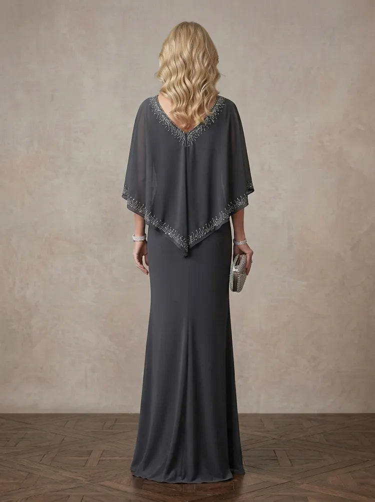 Elegant Sheath V-Neck Cape-Sleeve Chiffon Floor-Length Mother of the Bride Dress