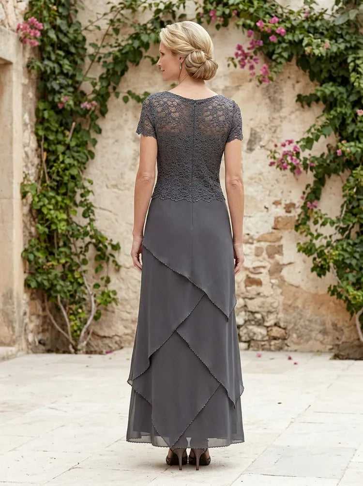 Elegant A-Line V-Neck Short-Sleeve Lace Floor-Length Mother of the Bride Dress