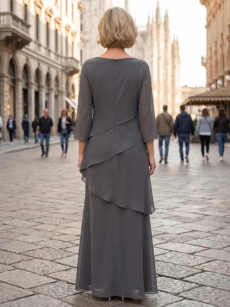 Elegant A-Line Round-Neck Three-Quarter-Sleeve Chiffon Floor-Length Mother of the Bride Dress