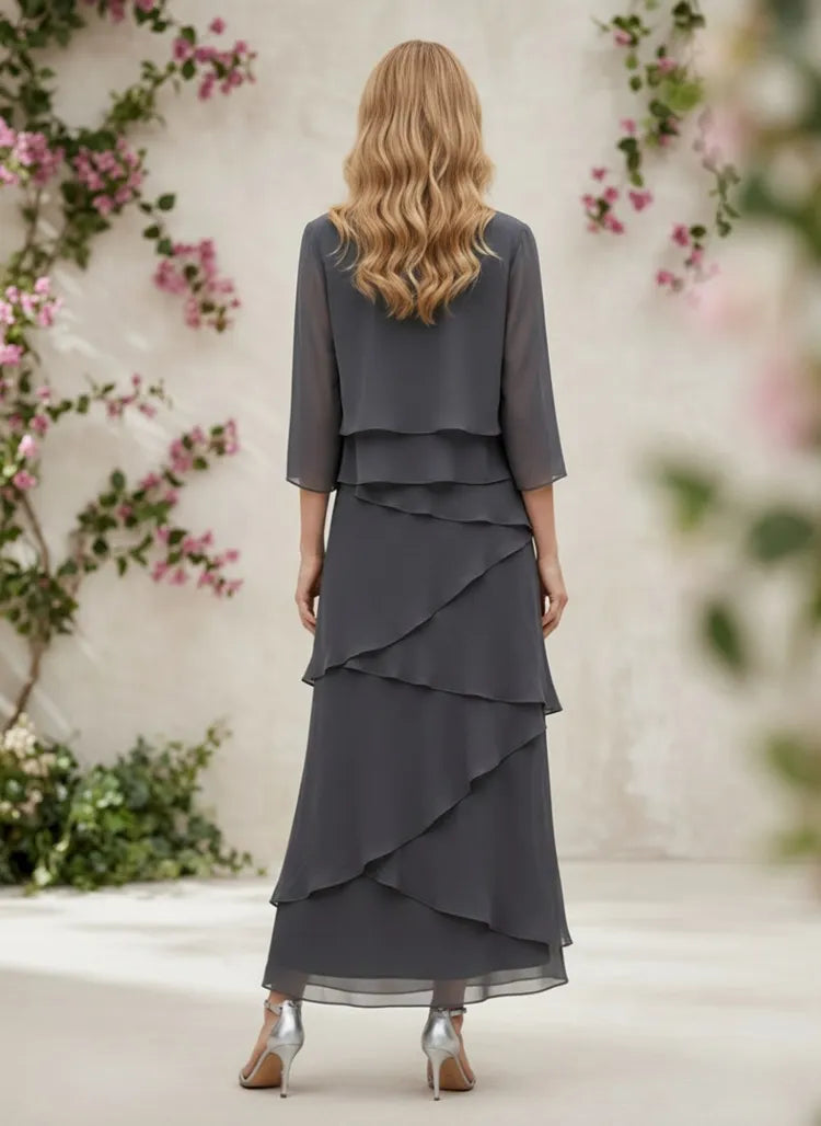 Elegant A-Line Round-Neck Three-Quarter-Sleeve Chiffon Ankle-Length Mother of the Bride Dress