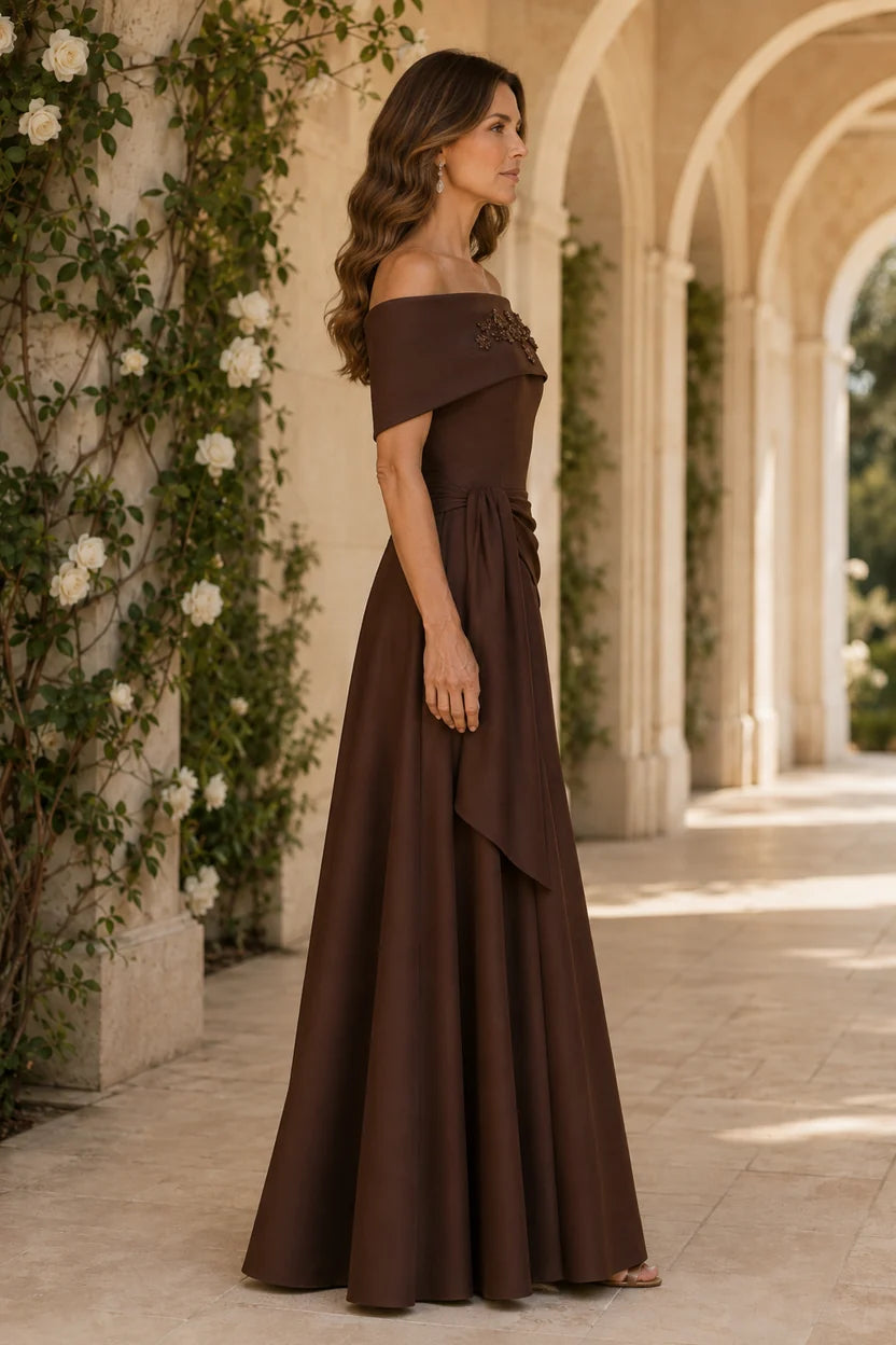 Elegant A-Line Off Shoulder Crepe Mother of the Bride Dress