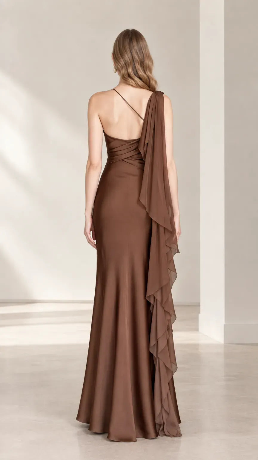 Elegant Sheath V-Neck One-Shoulder Ruffle Open-Back Floor-Length Evening Dress