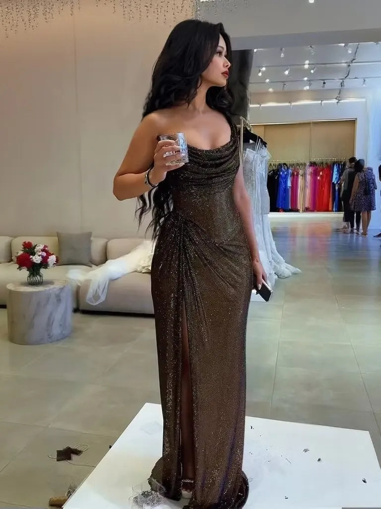 Glamorous Sheath One-Shoulder Sleeveless Draped Floor-Length Evening Dress