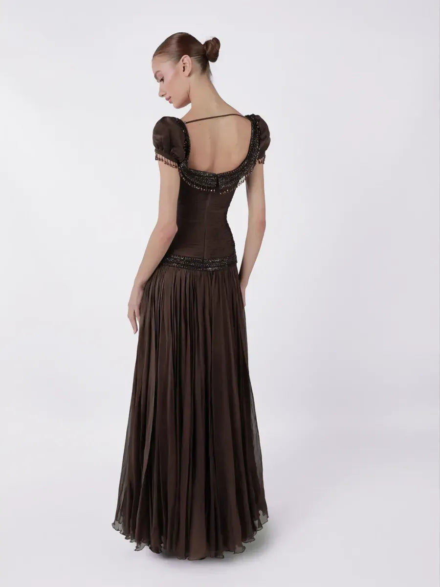 Vintage A-Line Sweetheart Puff-Sleeve Low-Back Floor-Length Evening Dress