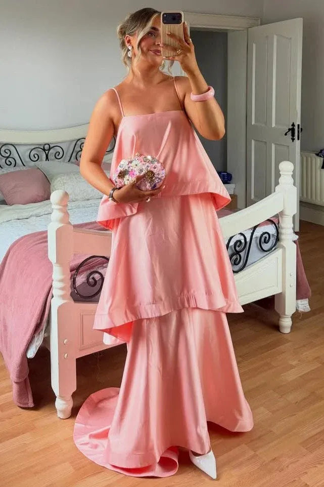 Chic A-Line Straight Spaghetti-Strap Layered Straight-Back Floor-Length Prom Dress