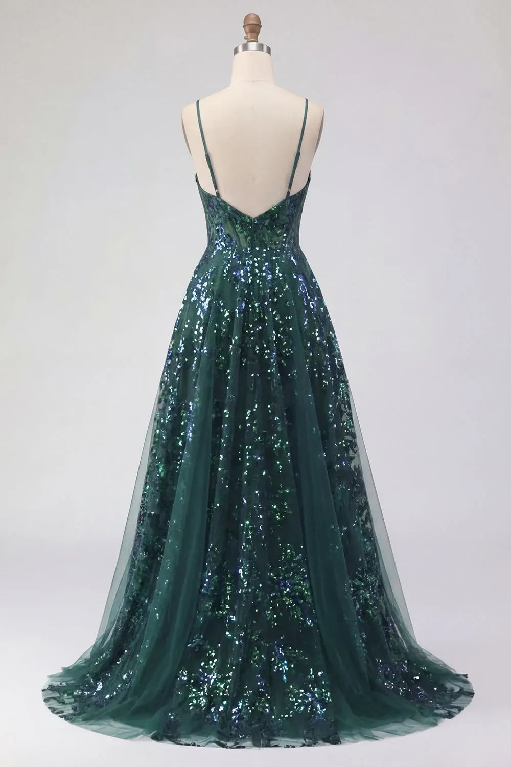 Glamorous A-Line V-Neck Sleeveless V-Back Floor-Length Sequin Prom Dress