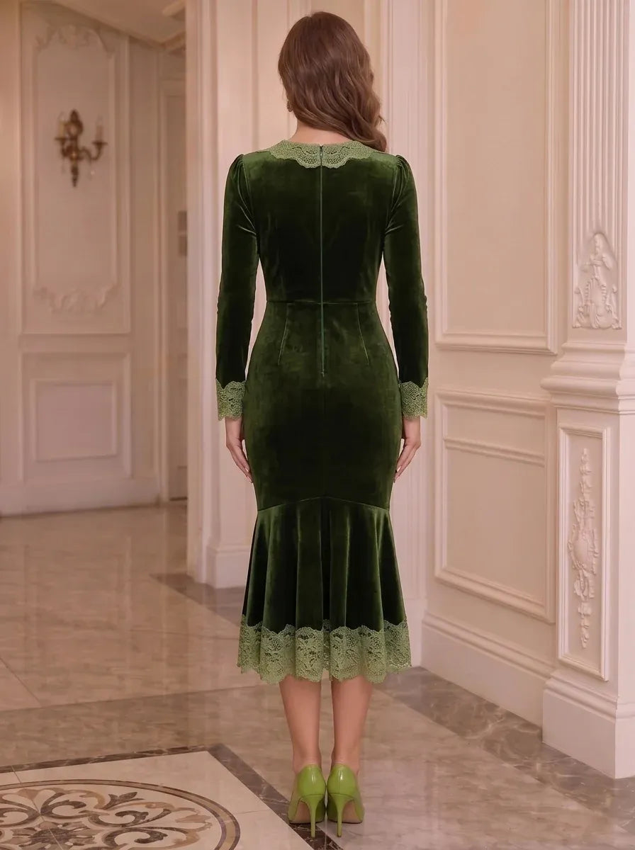 Elegant Velvet Mermaid V-Neck Long Sleeve Zip Back Midi Wedding Guest Dress