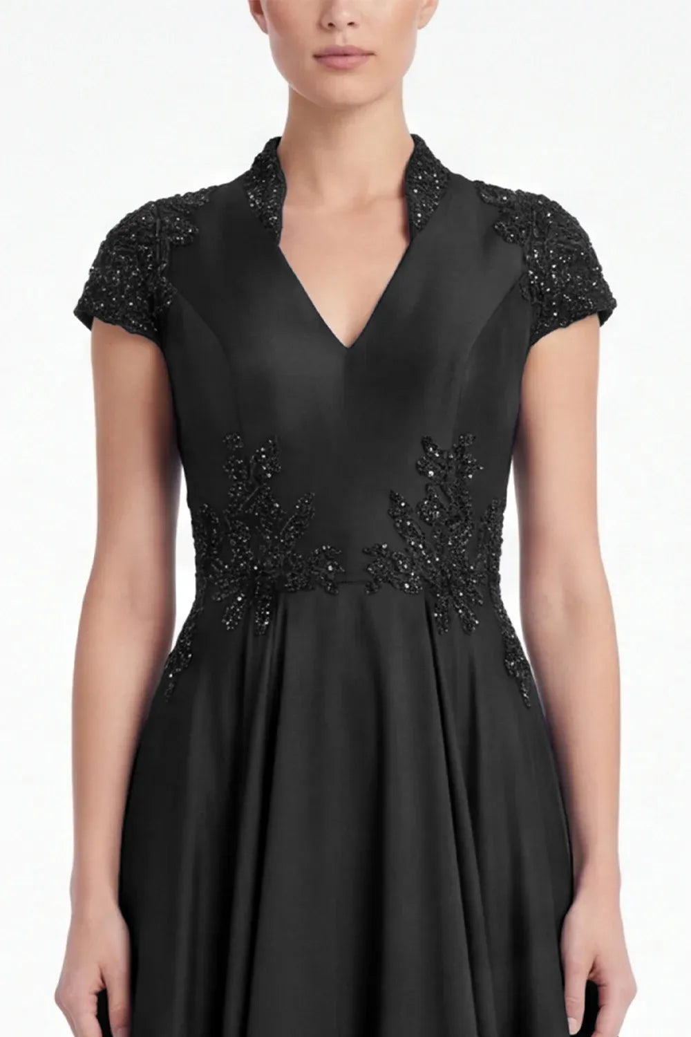 Regal Lace-Accented A-Line V-Neck Cap-Sleeve Zipper-Back Floor-Length Mother of the Bride Dress