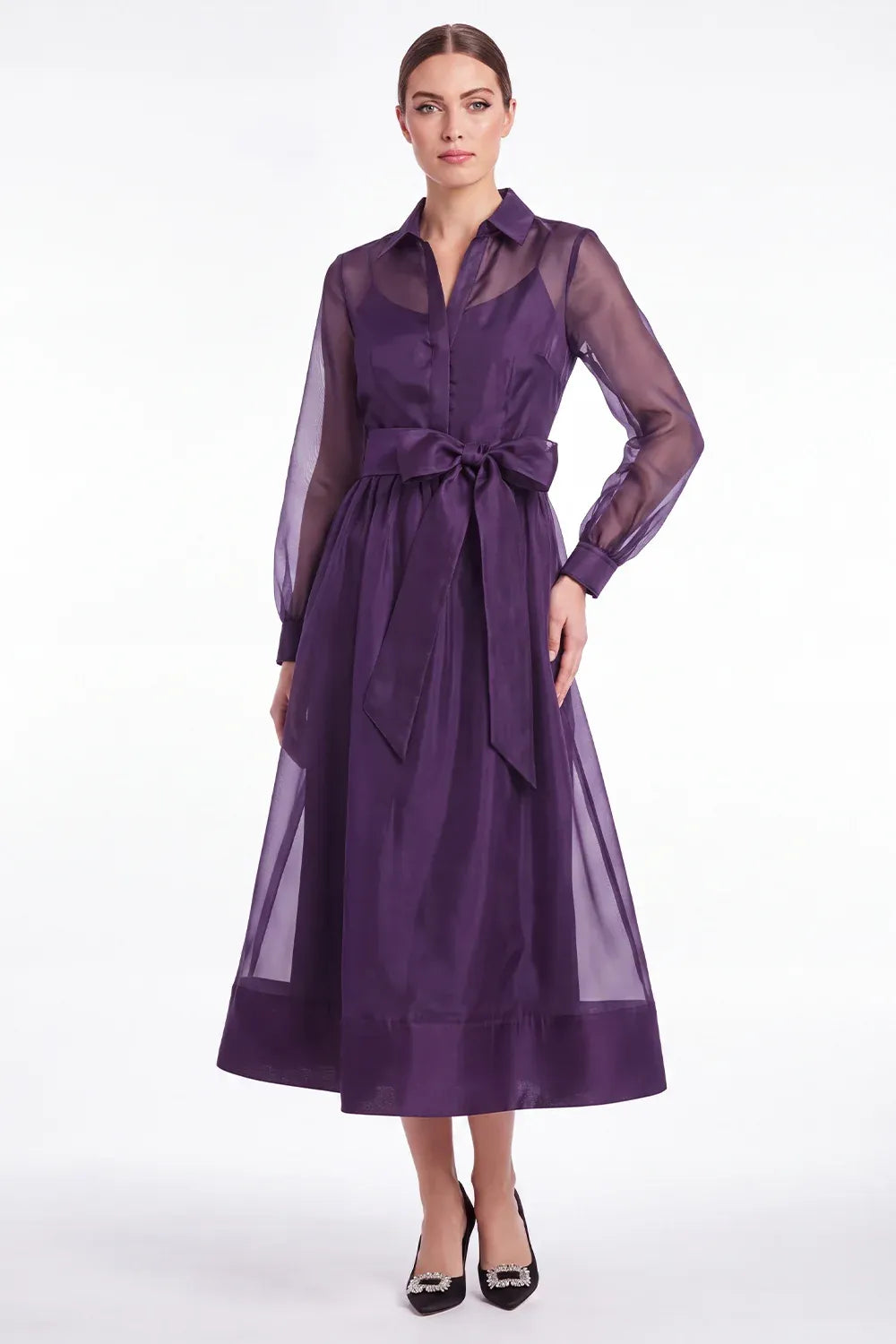 Chic Organza A-Line Collared Long-Sleeve Sheer-Back Tea-Length Wedding Guest Dress