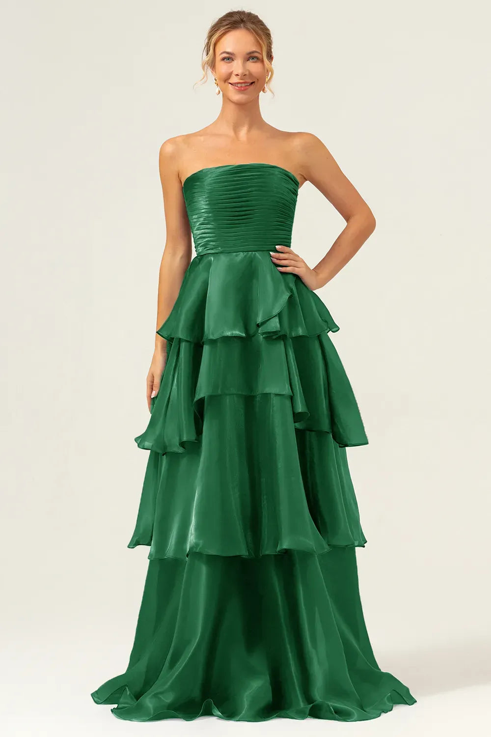 Elegant A-Line Strapless Straight Neck Zipper Tiered Floor Length Prom Dress