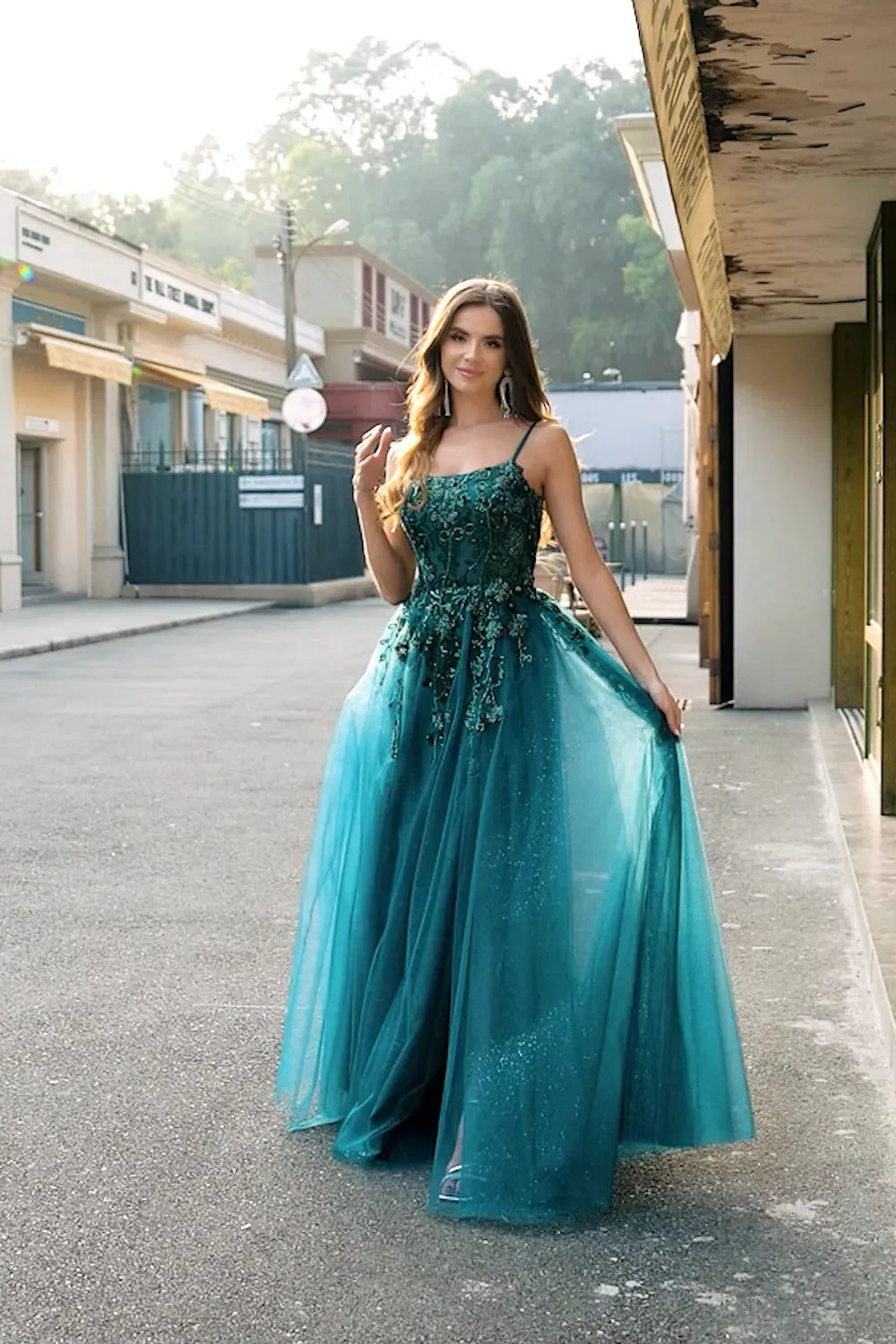 Glamorous A-Line Scoop Neck Spaghetti Strap Lace Up Slit Teal Prom Dress
