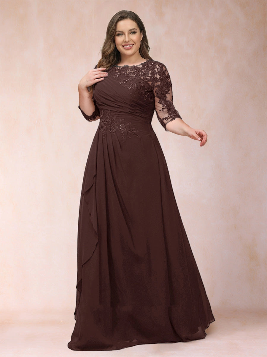Elegant A-Line Illusion Three-Quarter-Sleeve Zip-Back Flowing Floor-Length Mother of the Bride Dress