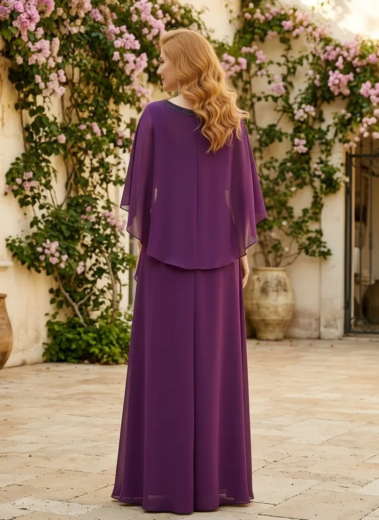 Elegant A-Line V-Neck Cape-Sleeve Chiffon Floor-Length Mother of the Bride Dress