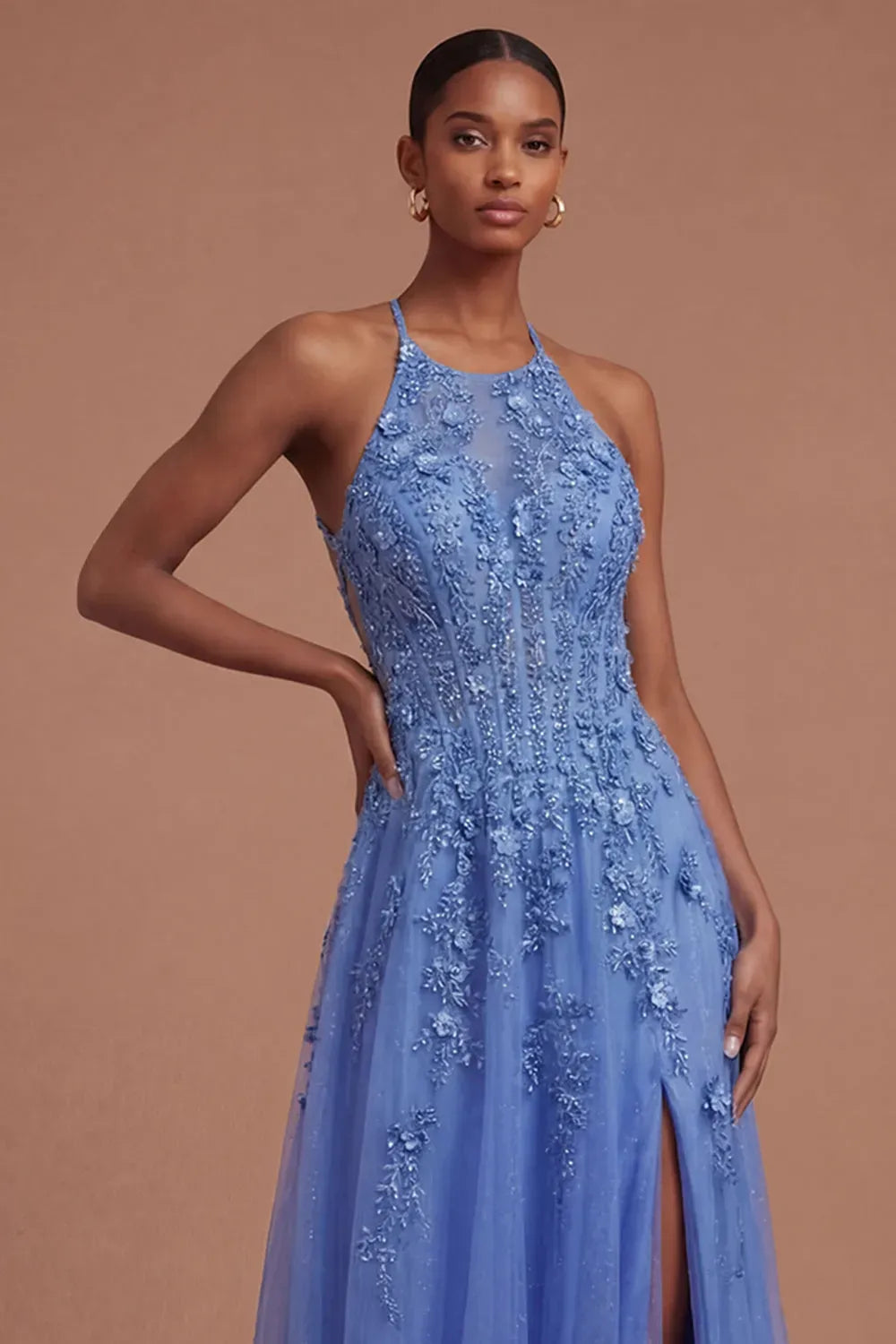 Elegant A-Line High-Neck Sleeveless Criss-Cross Back Floor-Length Prom Dress