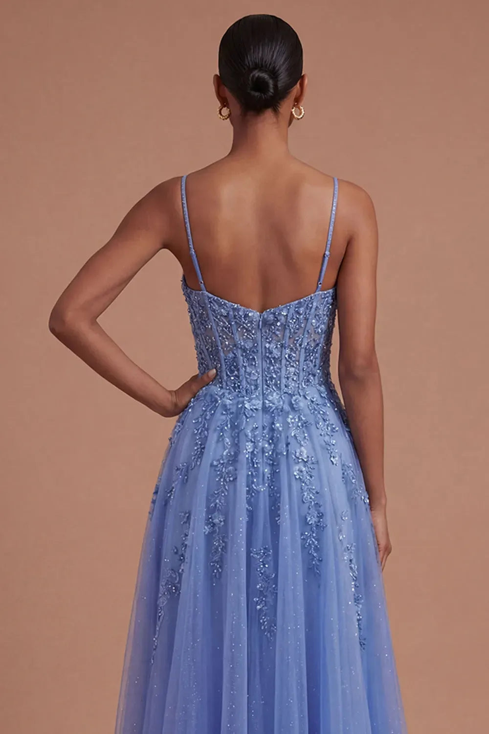 Enchanting A-Line Scoop-Neck Spaghetti-Strap Low-Back Floor-Length Floral Prom Dress