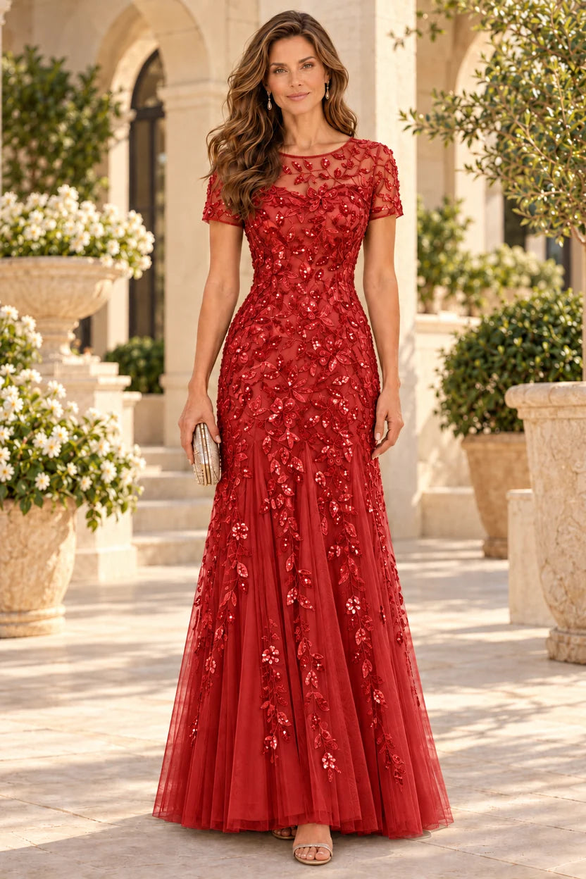 Elegant Mermaid Illusion Neck Short Sleeve Tulle Floor-Length Mother of the Bride Dress