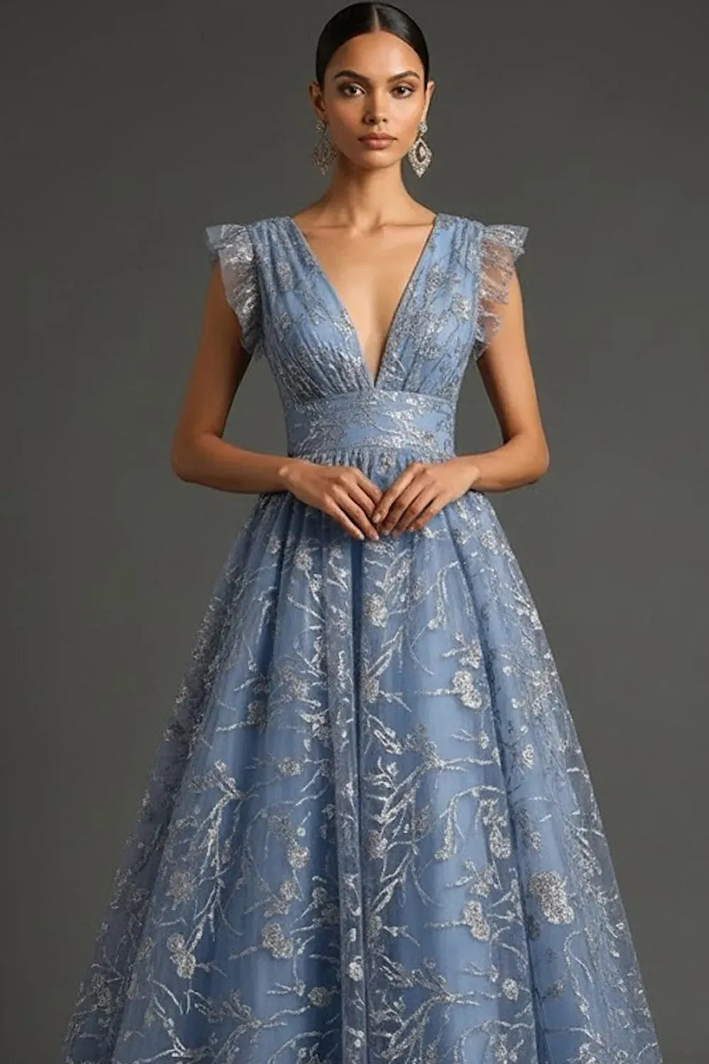 Elegant A-Line V-Neck Flutter Sleeve Illusion Back Ankle-Length Evening Dress