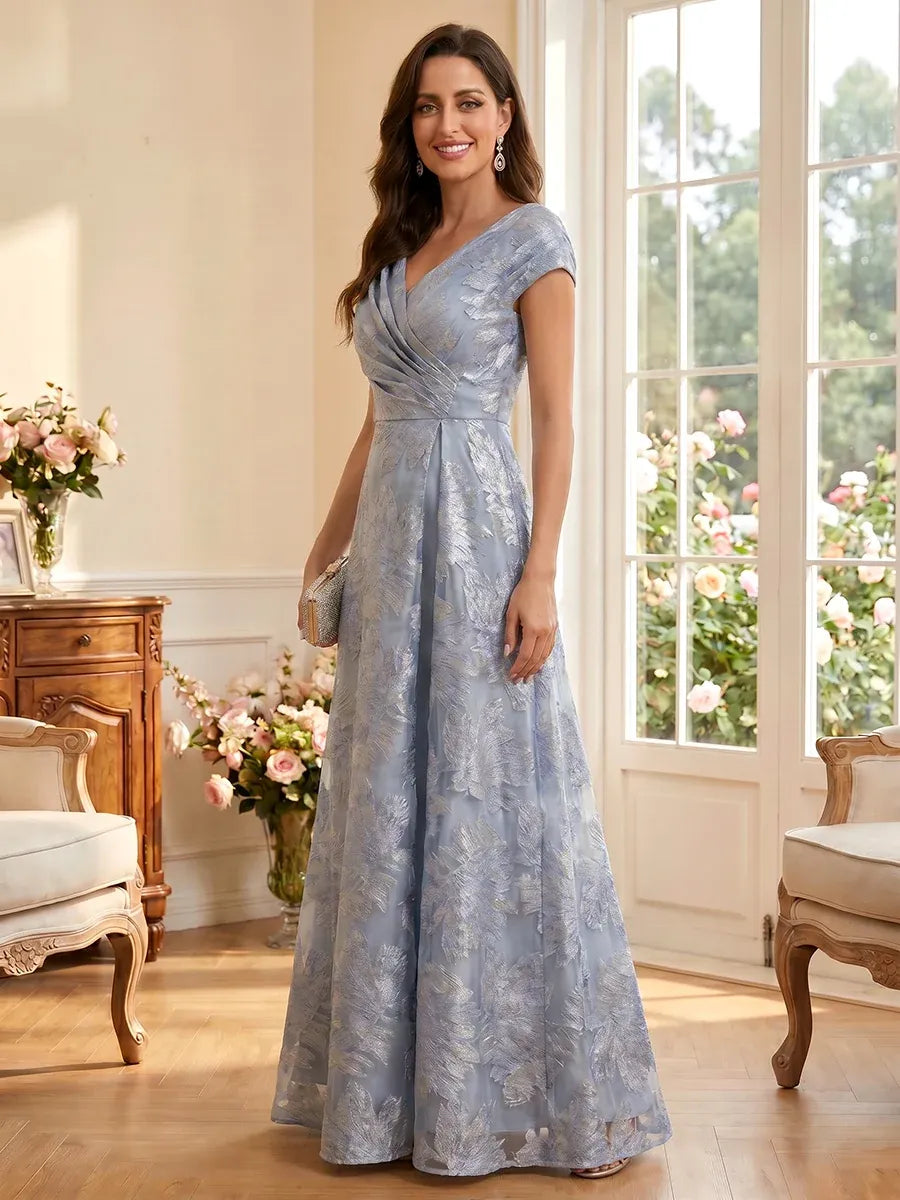 Elegant A-Line V-Neck Cap Sleeve Zipper Back Floor-Length Mother of the Bride Dress