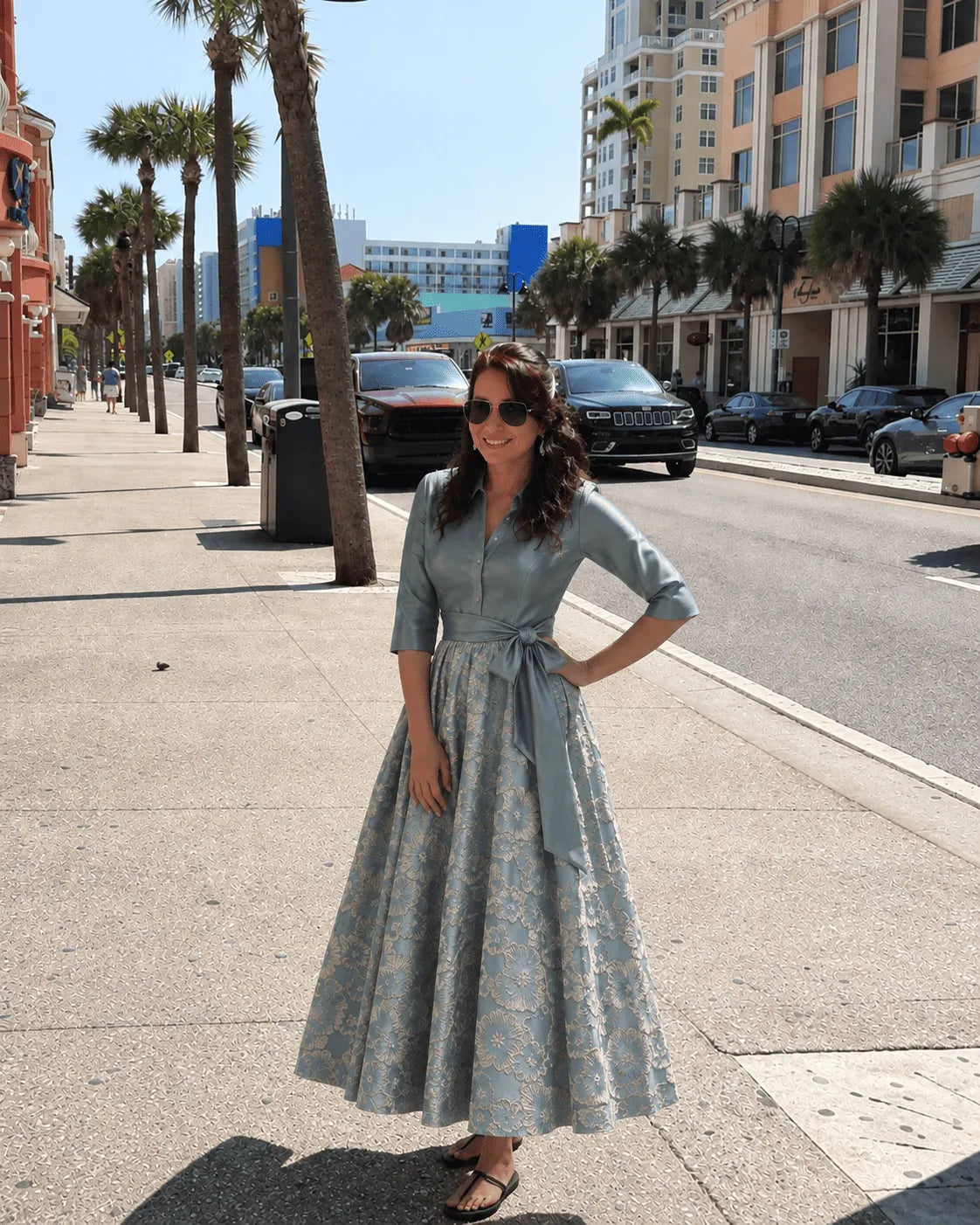 Elegant A-Line Collared Three Quarter Sleeve Closed Back Midi Mother of the Bride Dress