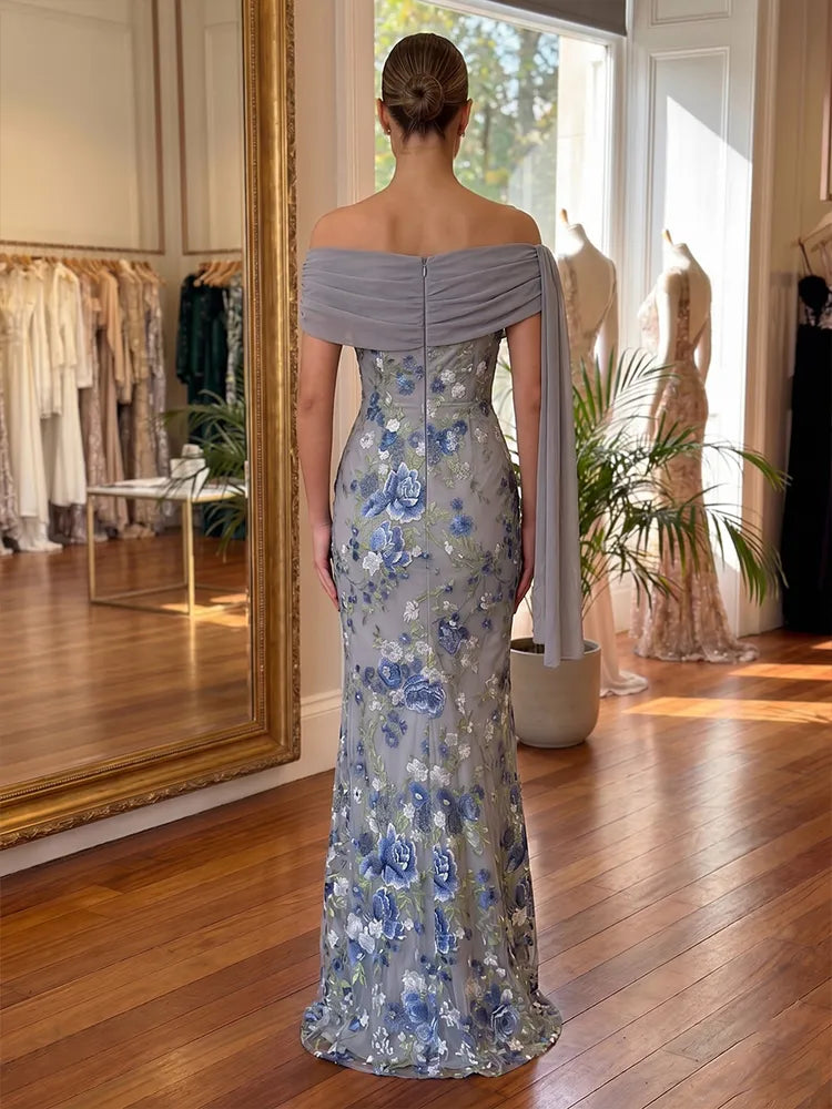 Elegant Mermaid Off-Shoulder Cape-Sleeve Embroidered Floor-Length Mother of the Bride Dress
