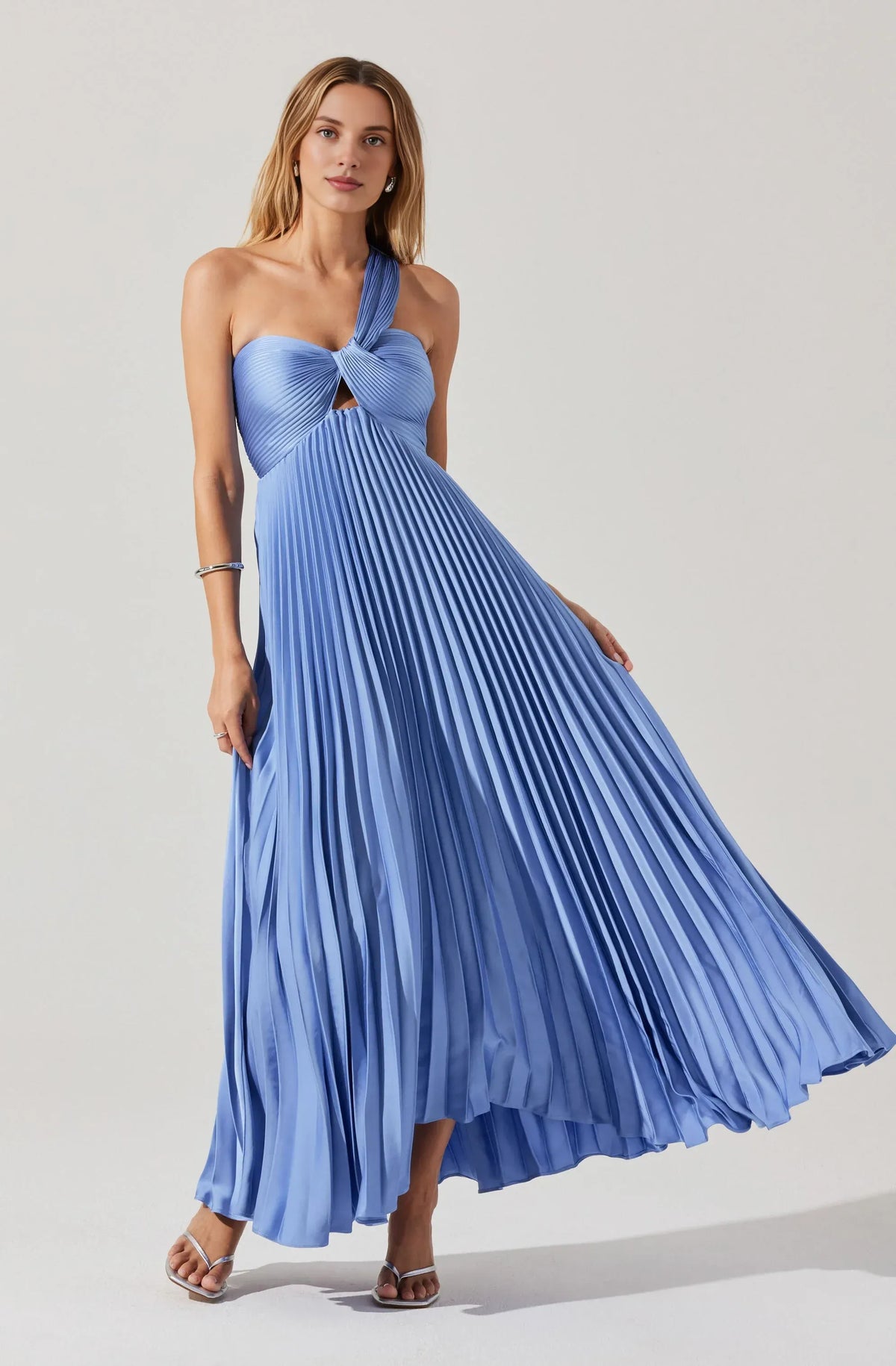 Elegant A-Line One Shoulder Sleeveless Smocked Back Pleated Maxi Wedding Guest Dress