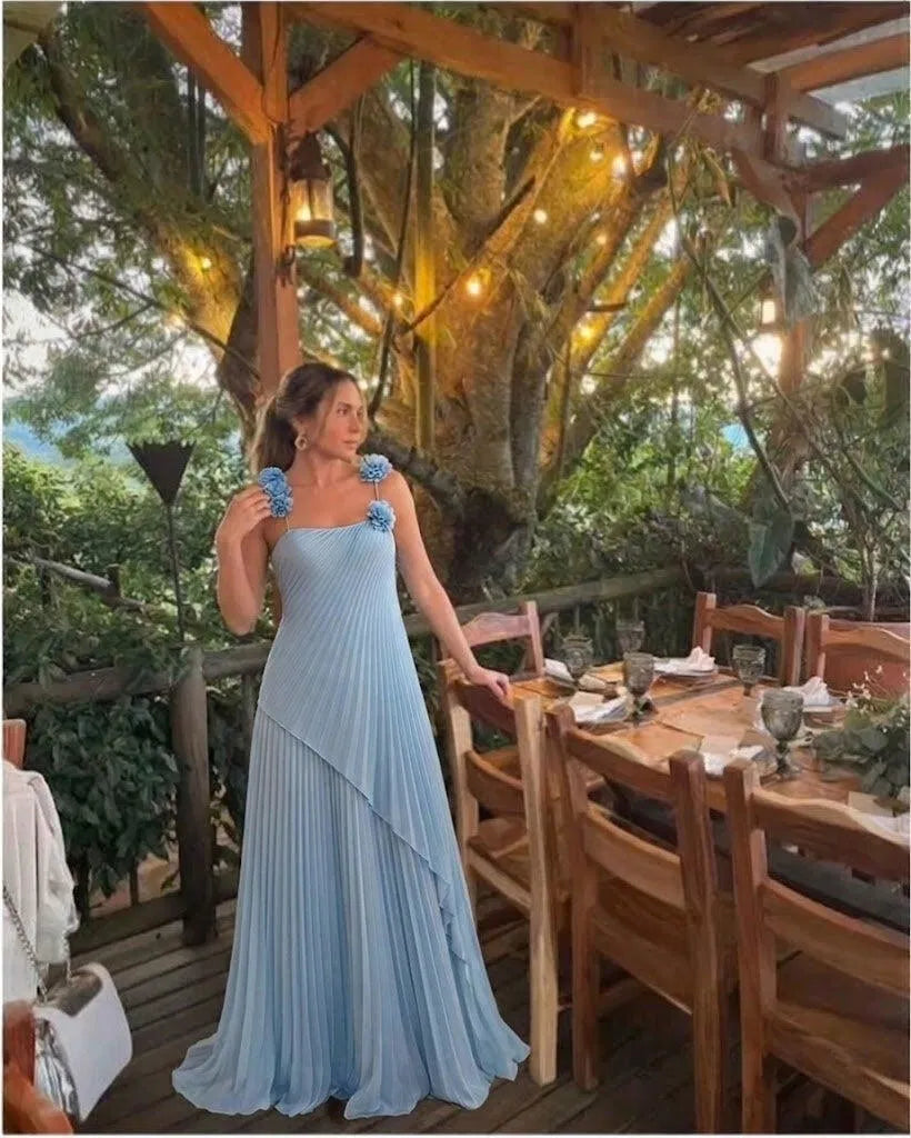 Romantic A-Line Square Neck Sleeveless Chiffon Floor Length Wedding Guest Dress