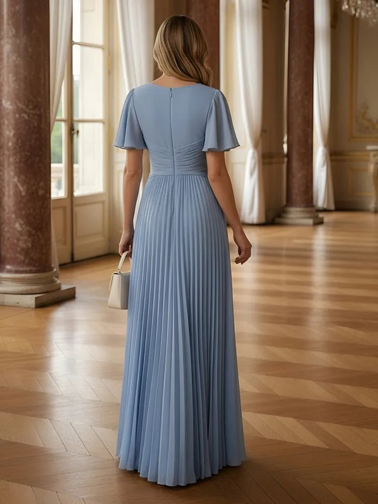 Elegant A-Line V-Neck Flutter-Sleeve Chiffon Floor-Length Mother of the Bride Dress