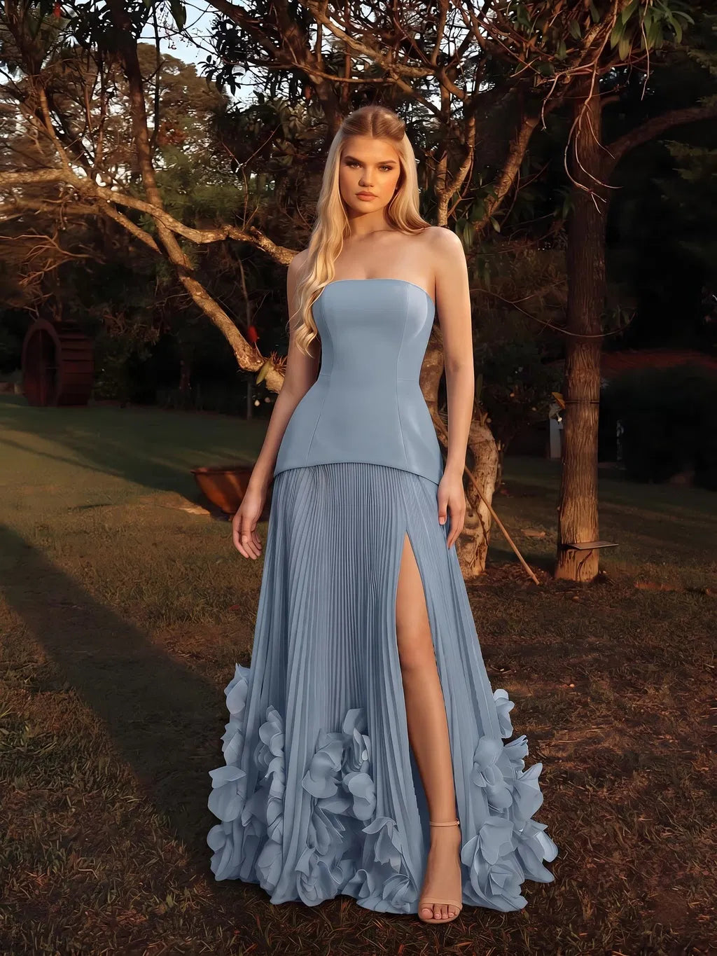 Elegant A-Line Strapless Sleeveless Chiffon Floor Length Prom Dress